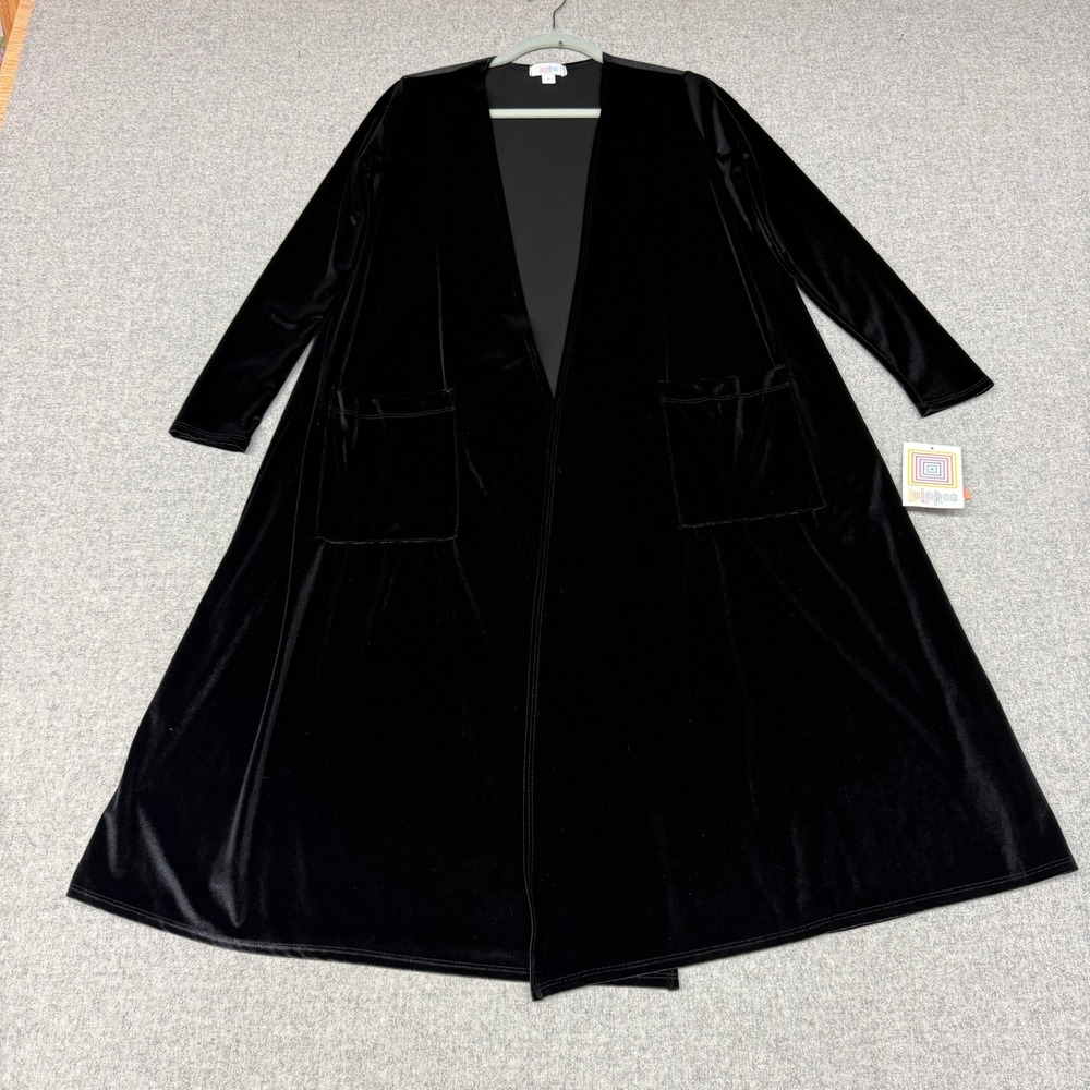 LuLaRoe Caroline Cardigan Small Black Velvet Open Front Duster Pockets NWT 1605